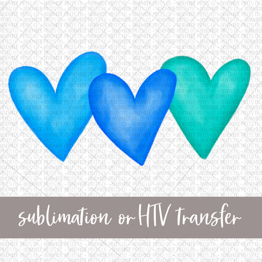 Watercolor Heart Trio, Blue - Sublimation or HTV Transfer