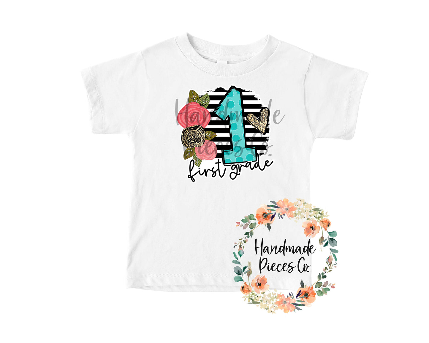 First Grade, Black Stripes with Florals - Sublimation or HTV Transfer