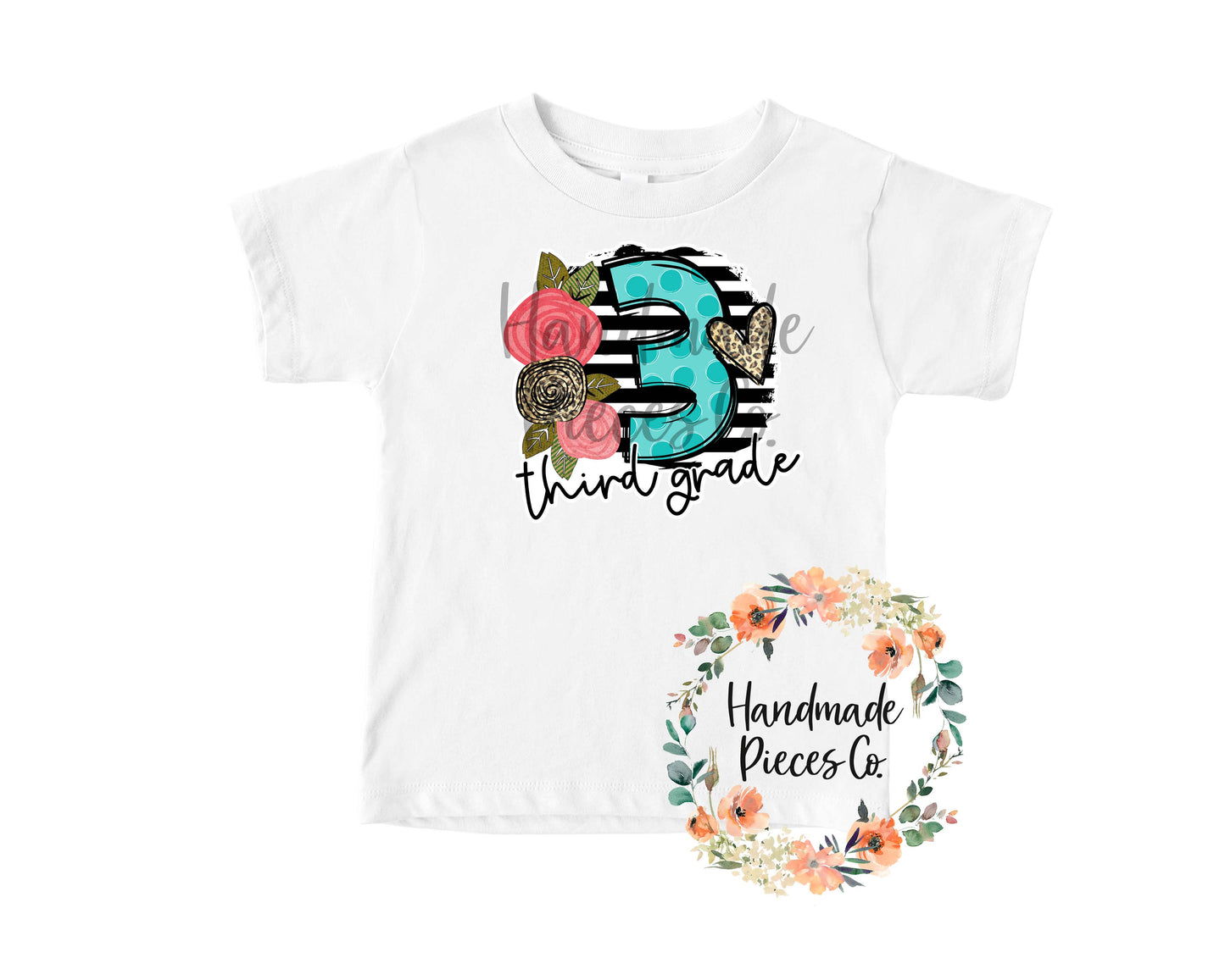 Third Grade, Black Stripes with Florals - Sublimation or HTV Transfer