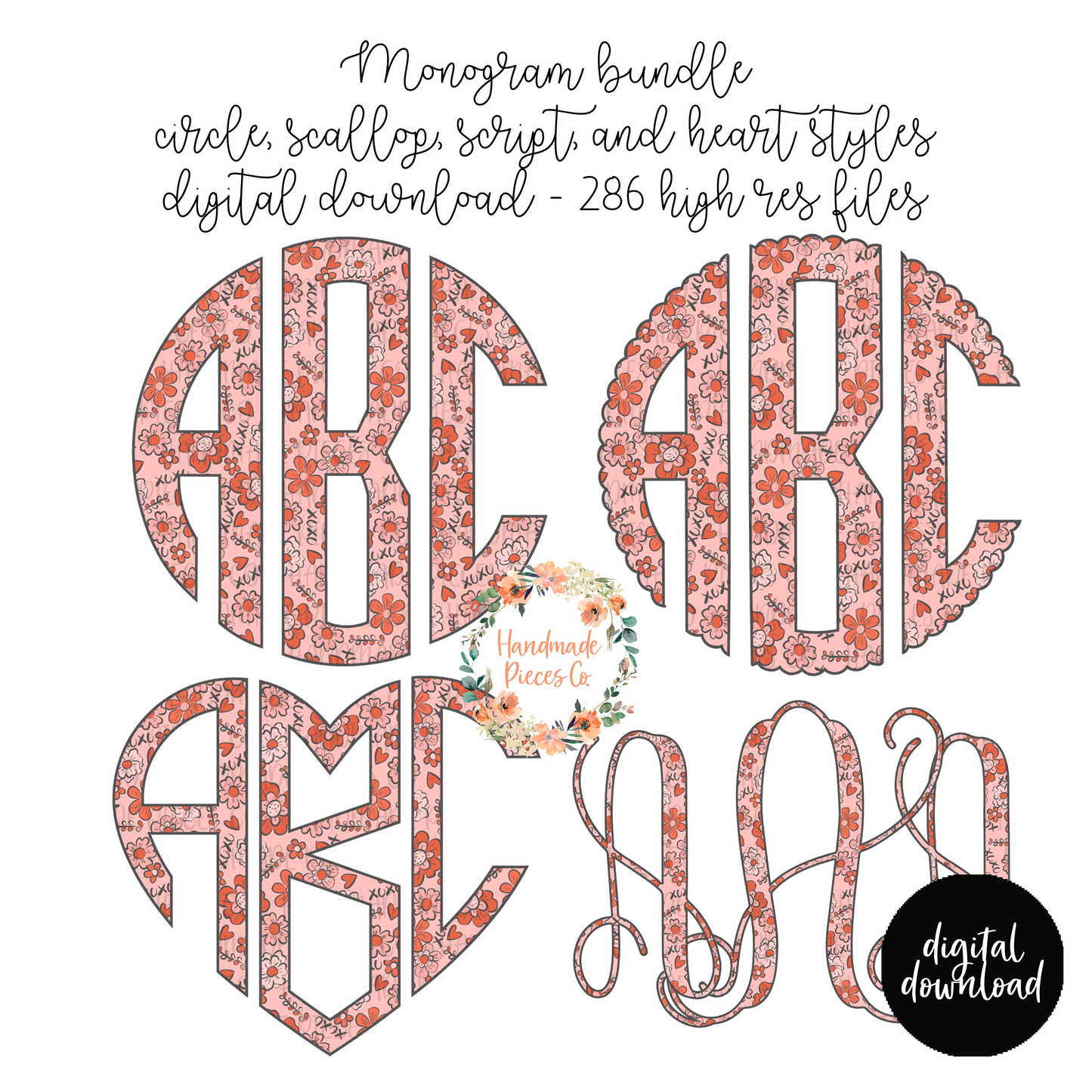 Valentine's Themed XOXO Floral Monogram - Multiple Styles - Digital Download