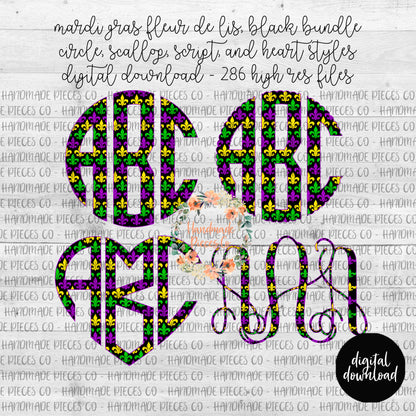 Mardi Gras Fleur De Lis Monogram, Black Background - Multiple Styles - Digital Download