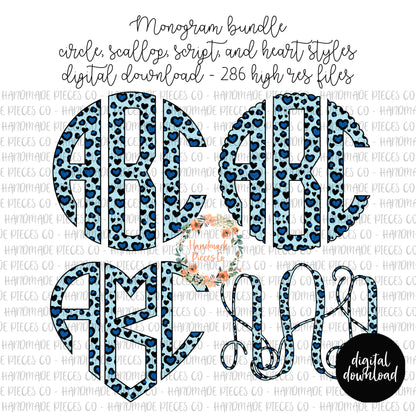 Leopard Hearts Monogram, Blue - Multiple Styles - Digital Download