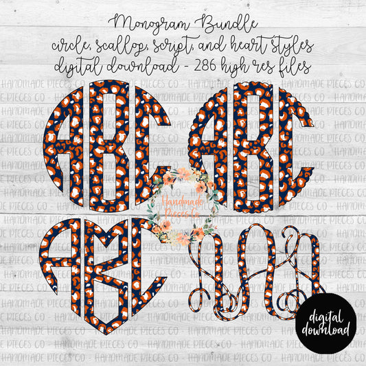 Leopard Monogram, Navy and Orange - Multiple Styles - Digital Download