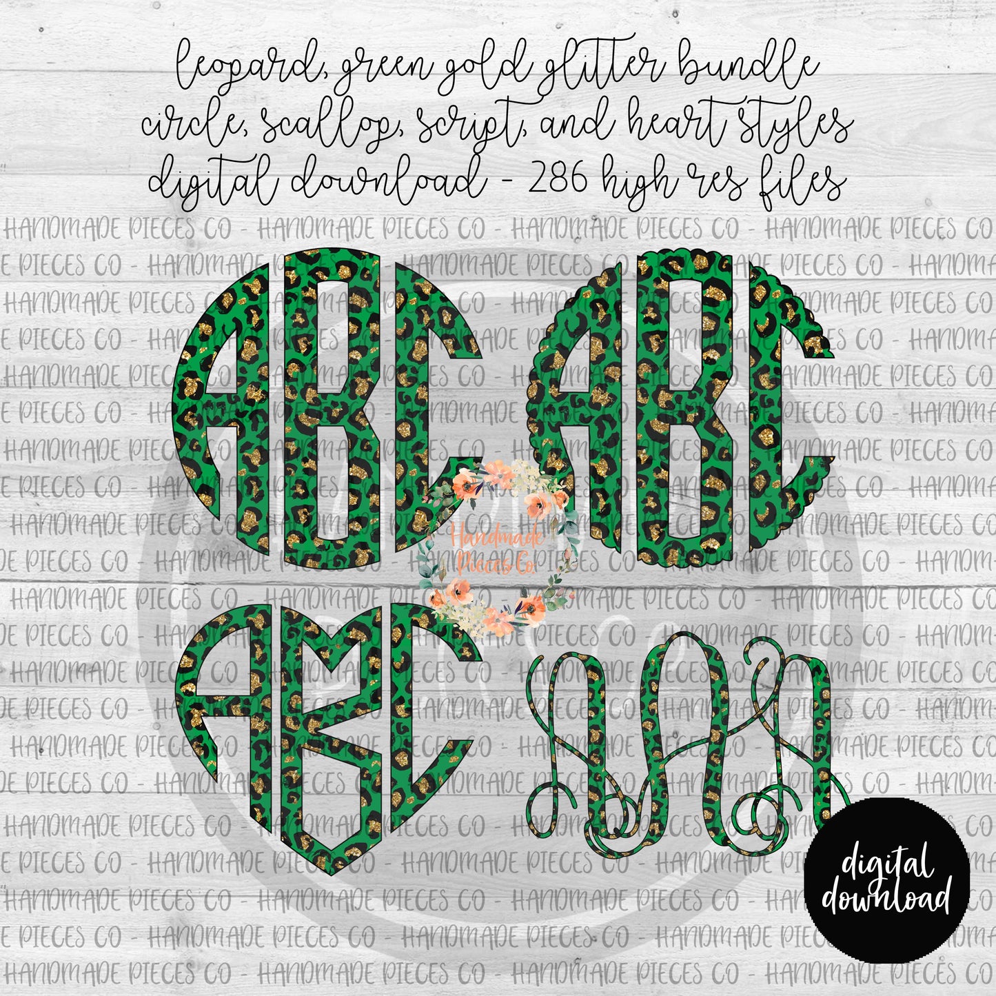 Leopard, Green Gold Glitter Monogram - Multiple Styles - Digital Download