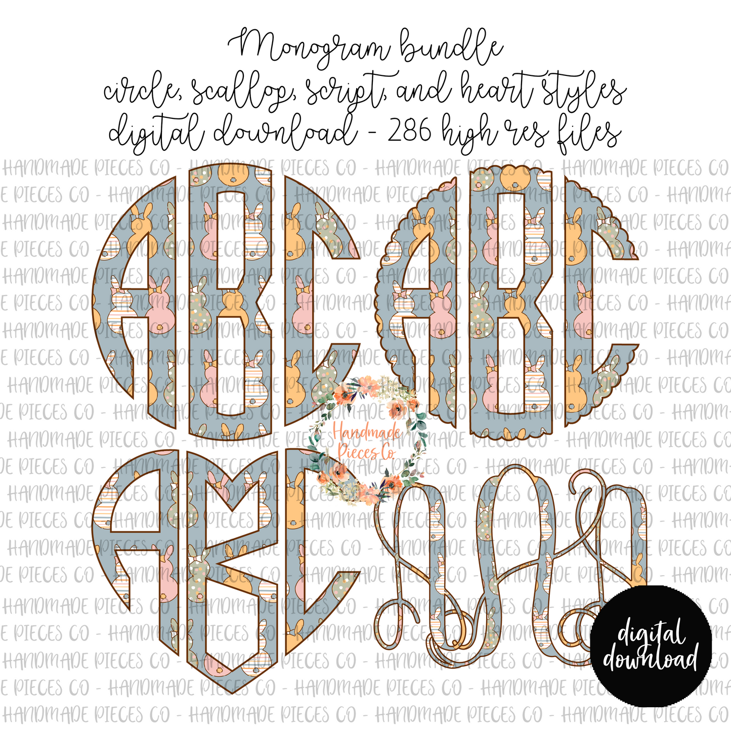 Easter Monogram, Bunnies, Blue Background - Multiple Styles - Digital Download