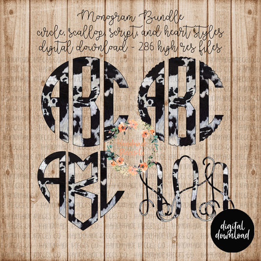 Cow Hide Monogram, Black - Multiple Styles - Digital Download