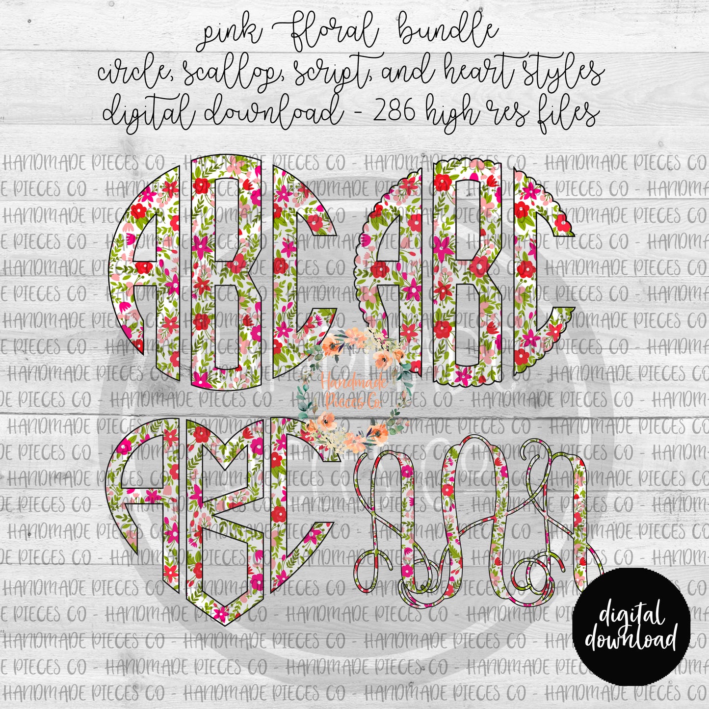 Pink Florals Monogram - Multiple Styles - Digital Download