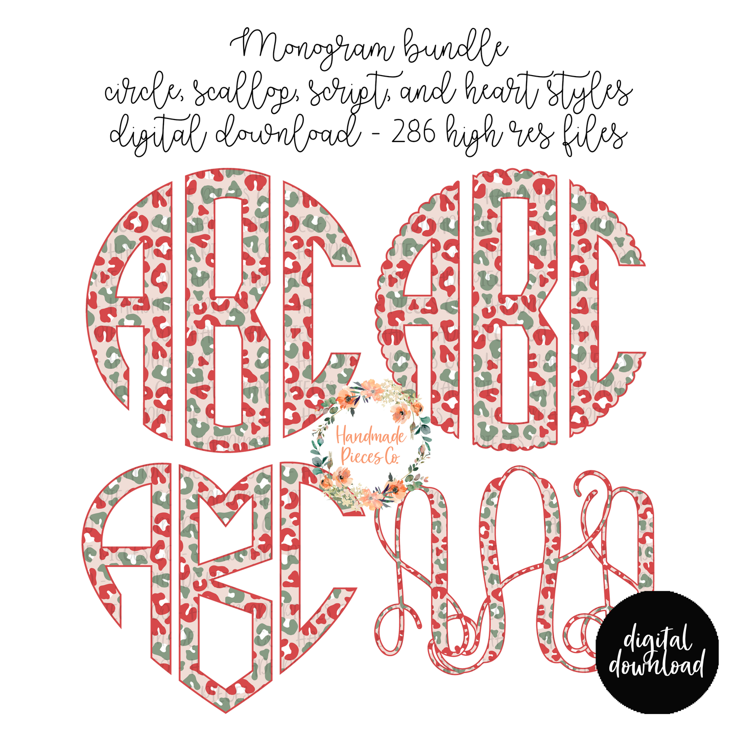 Leopard Monogram, Christmas Red/Green - Multiple Styles - Digital Download