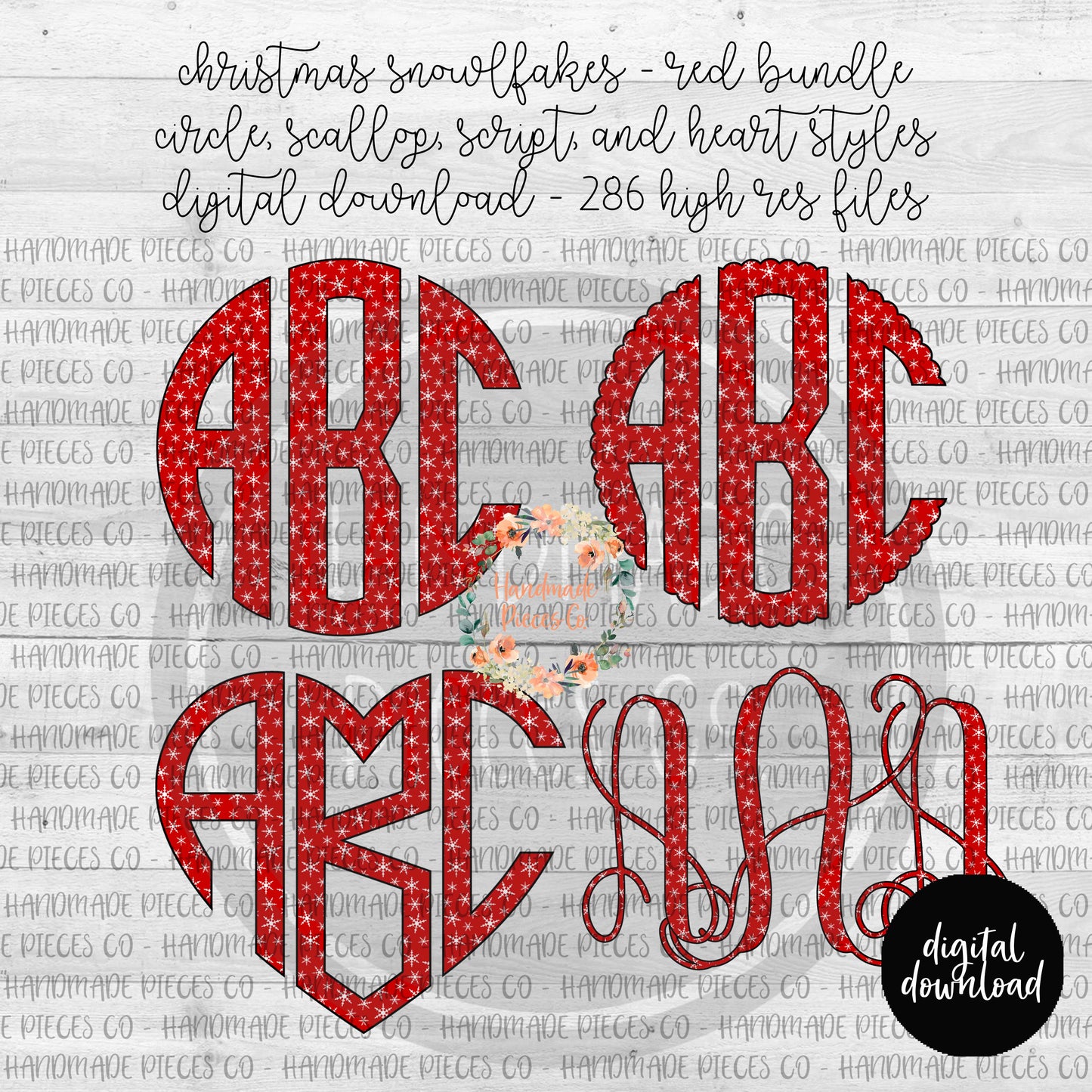 Christmas Snowflakes Monogram, Red- Multiple Styles - Digital Download