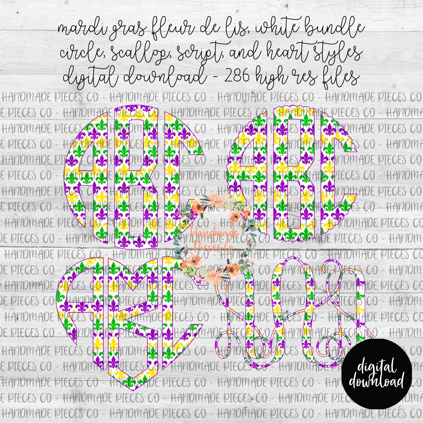 Mardi Gras Fleur De Lis Monogram, White Background - Multiple Styles - Digital Download