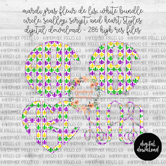 Mardi Gras Fleur De Lis Monogram, White Background - Multiple Styles - Digital Download