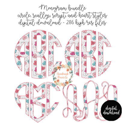 Valentine's Themed Conversation Hearts, Sketch Monogram - Multiple Styles - Digital Download