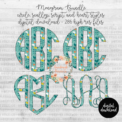 Floral Monogram, Floral 5 Aqua - Multiple Styles - Digital Download