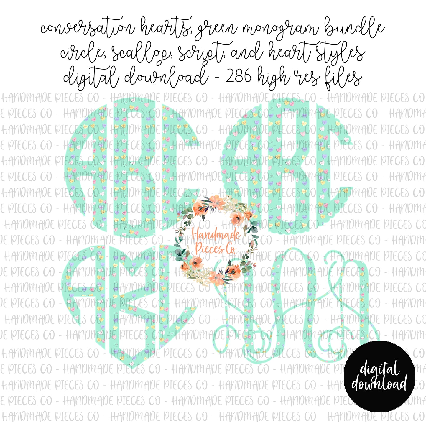 Conversation Hearts Monogram, Green - Multiple Styles - Digital Download