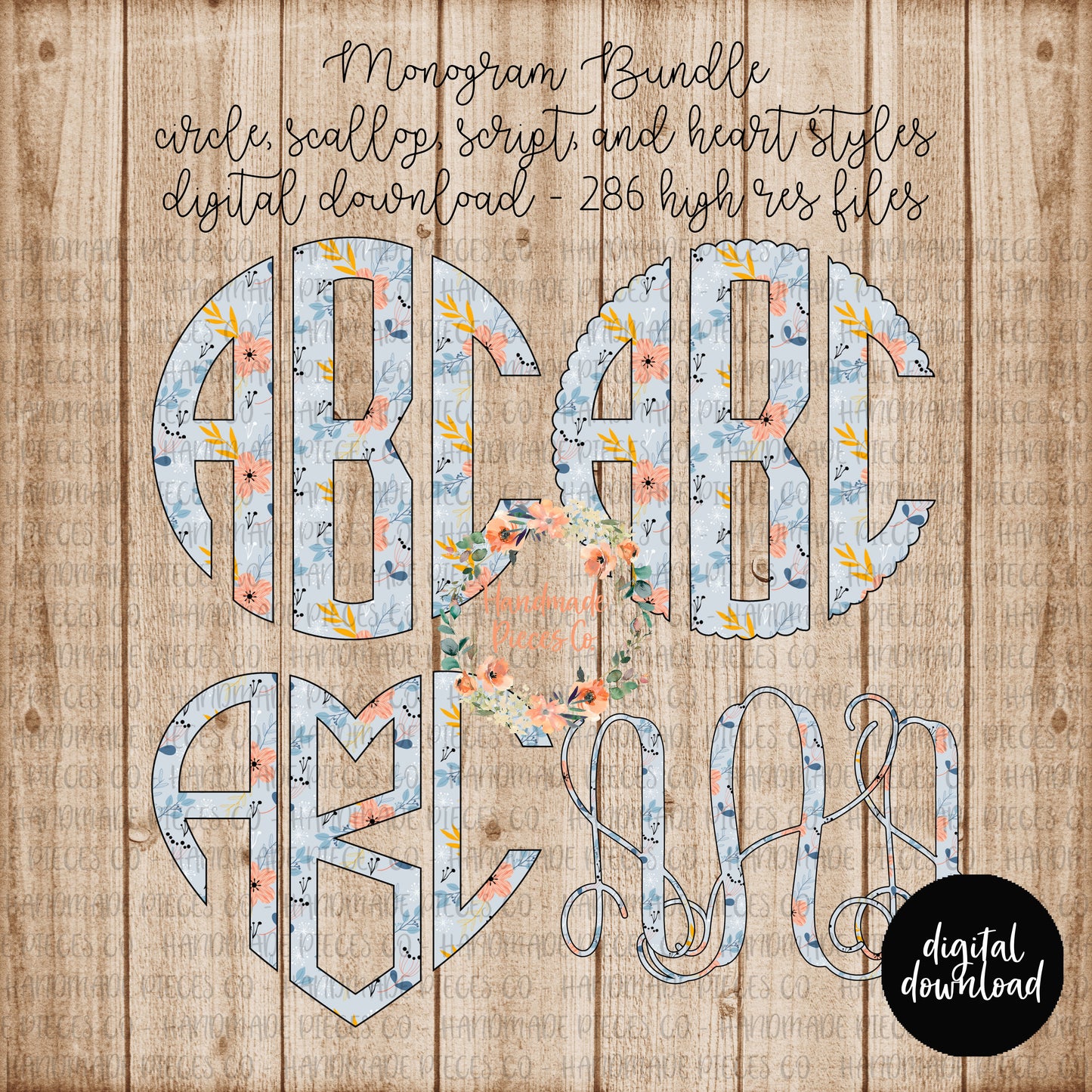 Floral Monogram, Floral 4 Light Blue  - Multiple Styles - Digital Download