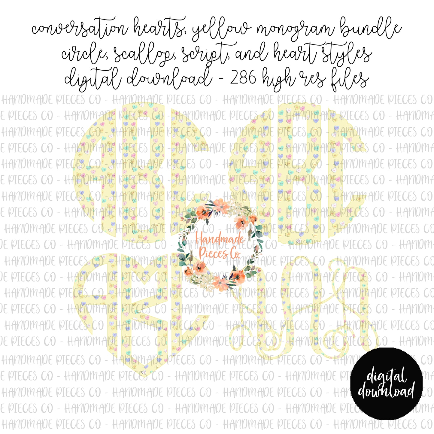 Conversation Hearts Monogram, Yellow - Multiple Styles - Digital Download