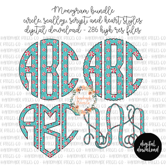 Peppermint Monogram, Blue - Multiple Styles - Digital Download