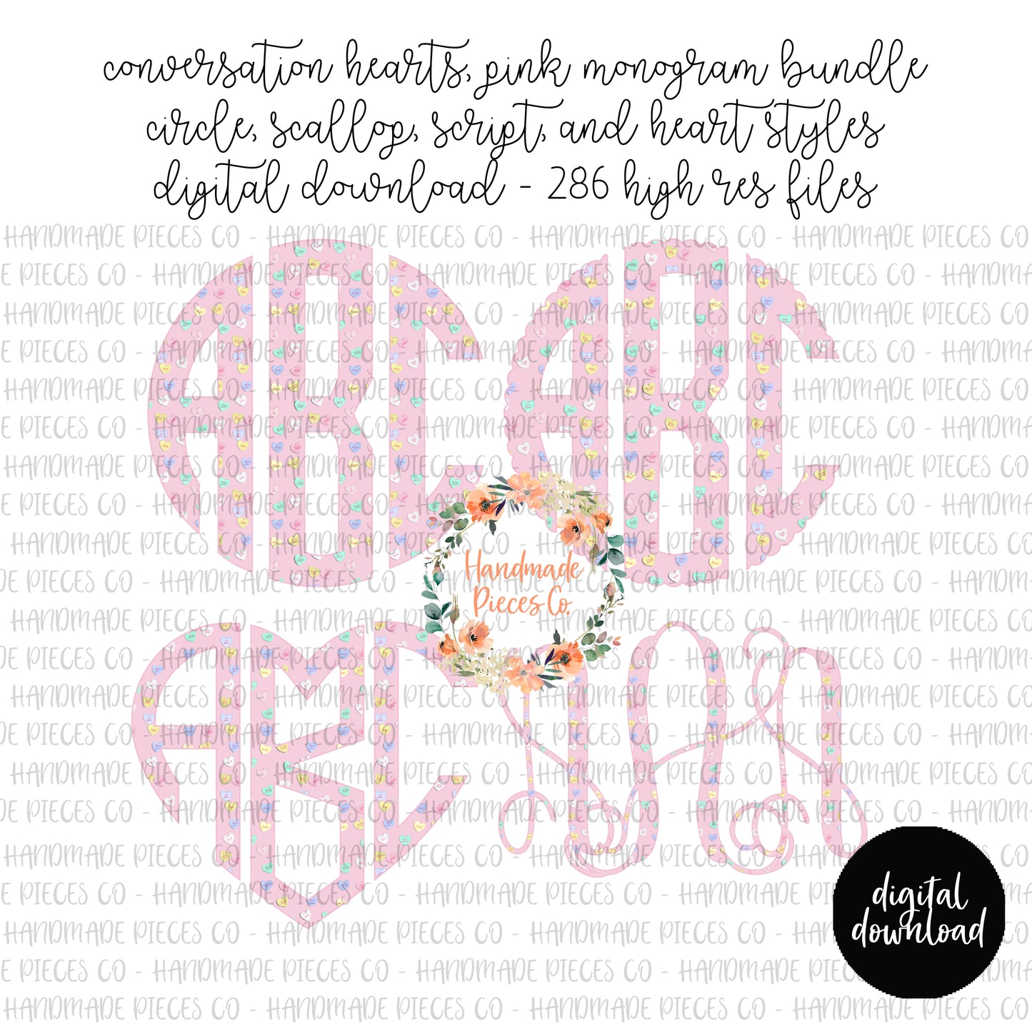 Conversation Hearts Monogram, Pink - Multiple Styles - Digital Download