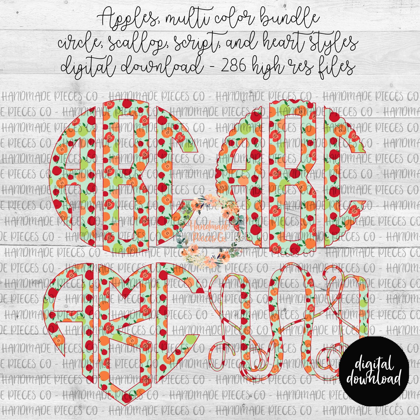 Apple Monogram, Multi Color - Multiple Styles - Digital Download