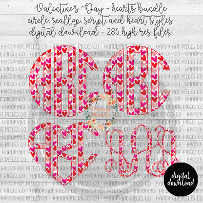 Valentine's Day, Hearts Monogram - Multiple Styles - Digital Download