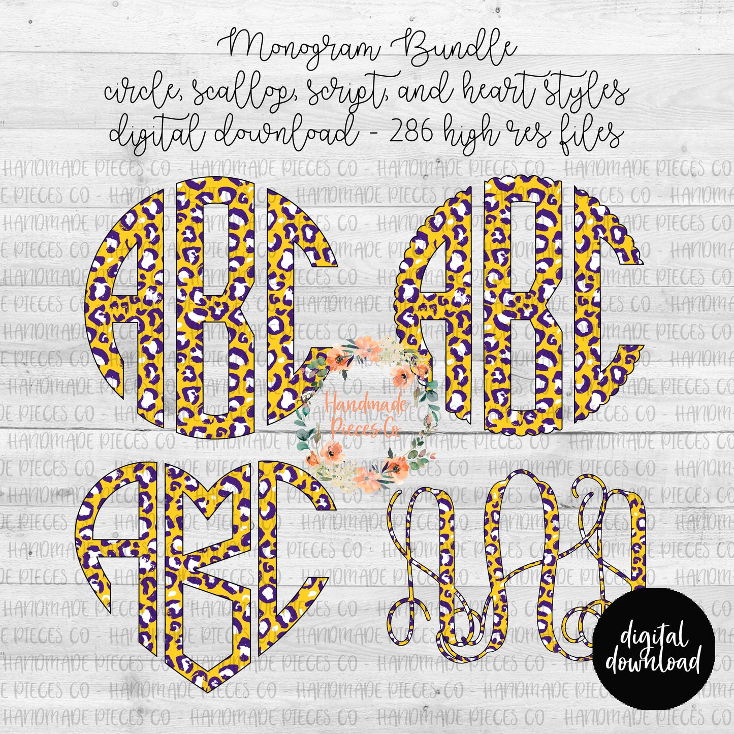 Leopard Monogram, Yellow and Purple - Multiple Styles - Digital Download