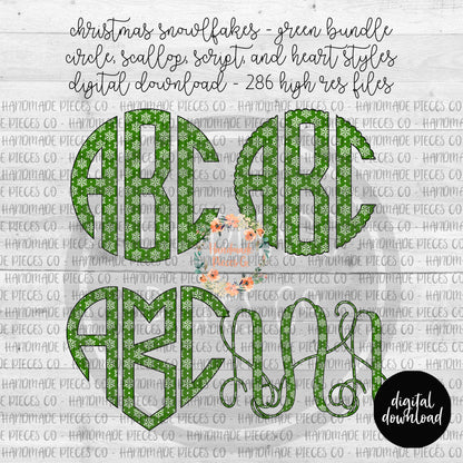 Christmas Snowflakes Monogram, Green - Multiple Styles - Digital Download