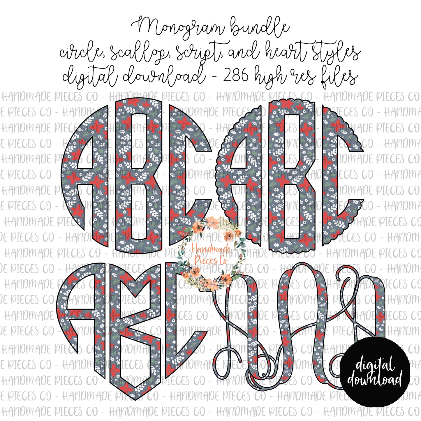 Christmas Monogram, Floral - Multiple Styles - Digital Download