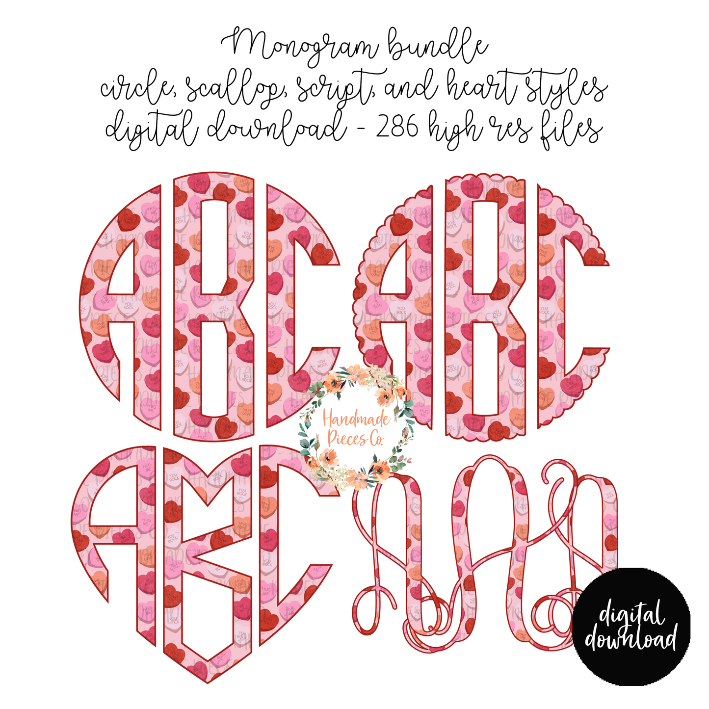 Valentine's Themed Conversation Hearts, Pink Monogram - Multiple Styles - Digital Download