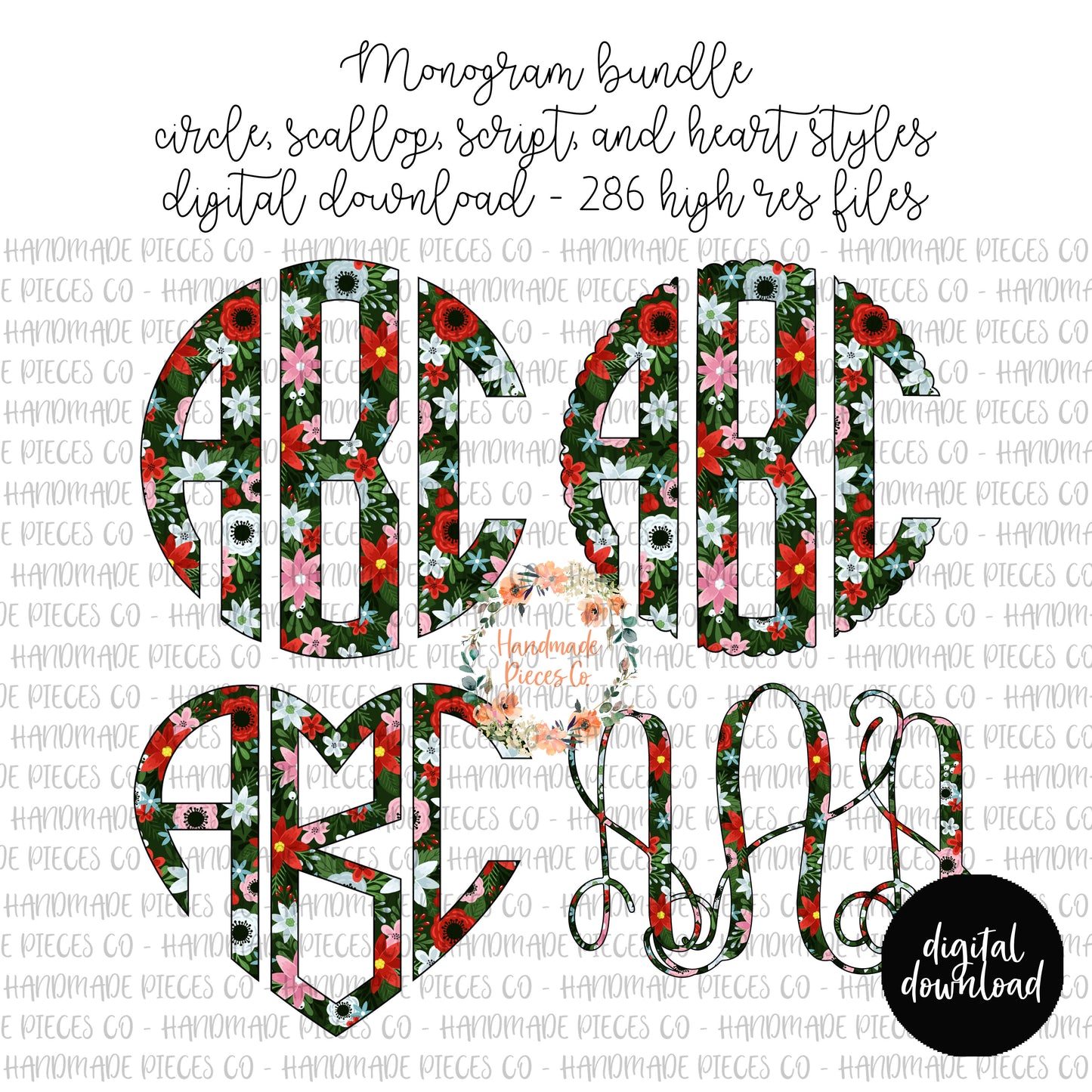 Merry and Bright Floral Monogram, Dark Floral - Multiple Styles - Digital Download