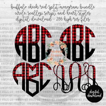 Buffalo Plaid Red Split Monogram - Multiple Styles - Digital Download