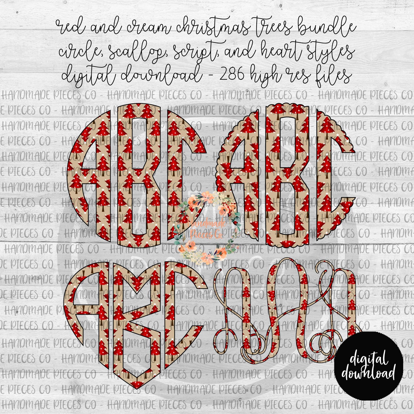 Christmas Trees, Red and Cream Monogram - Multiple Styles - Digital Download