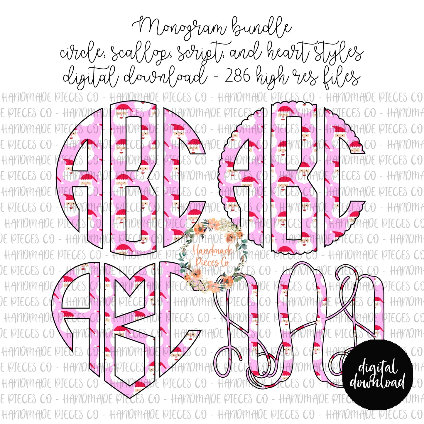 Santa Monogram, Pink - Multiple Styles - Digital Download