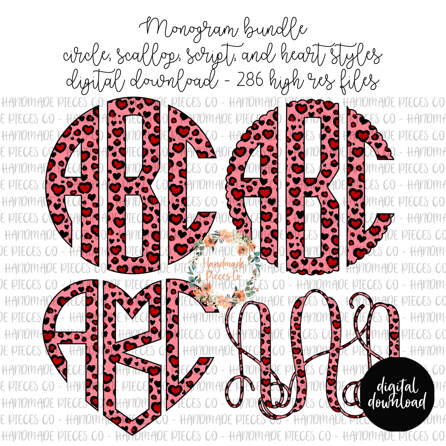 Leopard Hearts Monogram, Red/Pink - Multiple Styles - Digital Download