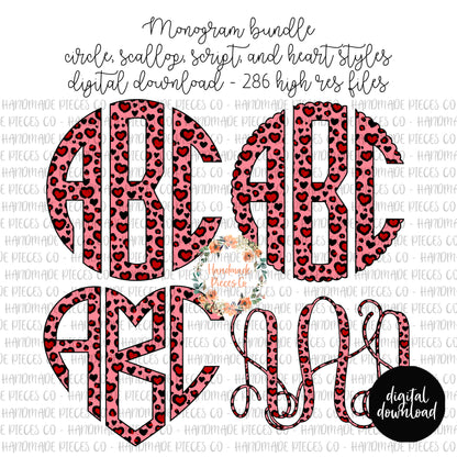 Leopard Hearts Monogram, Red/Pink - Multiple Styles - Digital Download