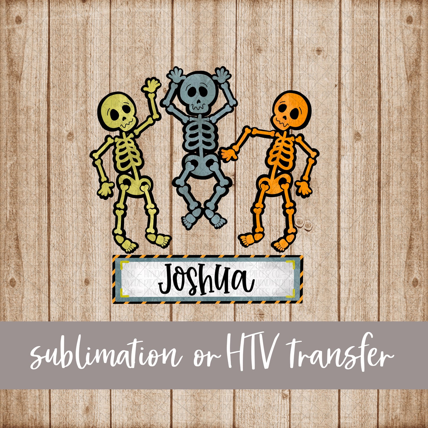 Dancing Skeleton Trio, Grey Blue Orange with Name - Sublimation or HTV Transfer