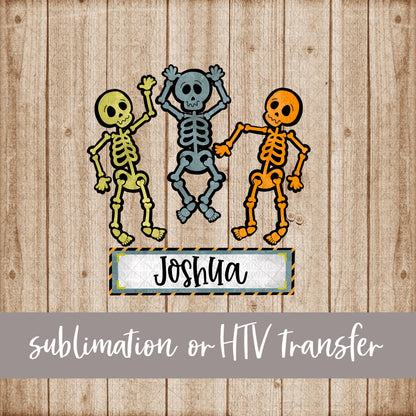 Dancing Skeleton Trio, Grey Blue Orange with Name - Sublimation or HTV Transfer