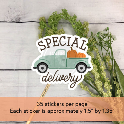 Special Delivery, Pumpkin Truck Packaging Sticker - Fall Theme