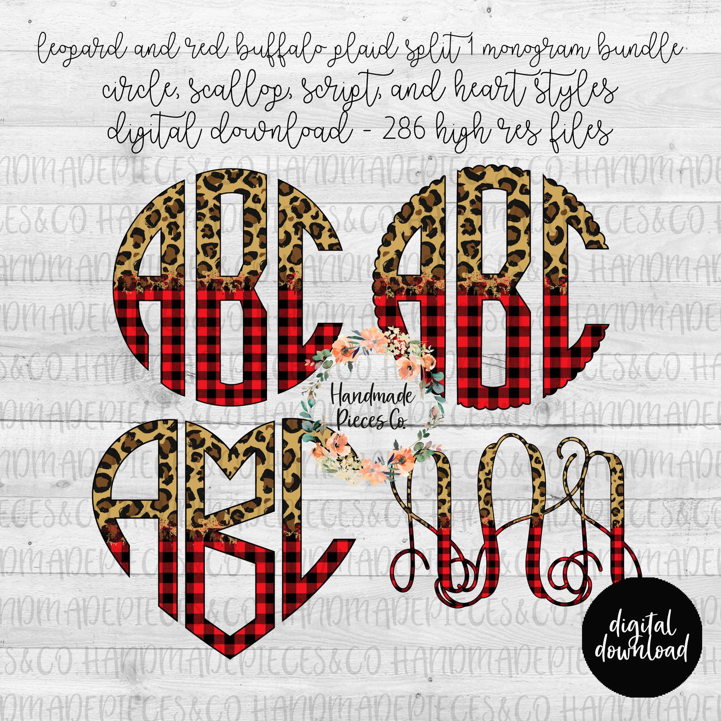 Leopard and Red Buffalo Plaid Split Monogram 1 - Multiple Styles - Digital Download