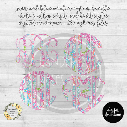 Pink and Blue Coral Monogram - Multiple Styles - Digital Download