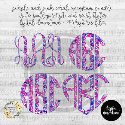 Purple and Pink Coral Monogram - Multiple Styles - Digital Download