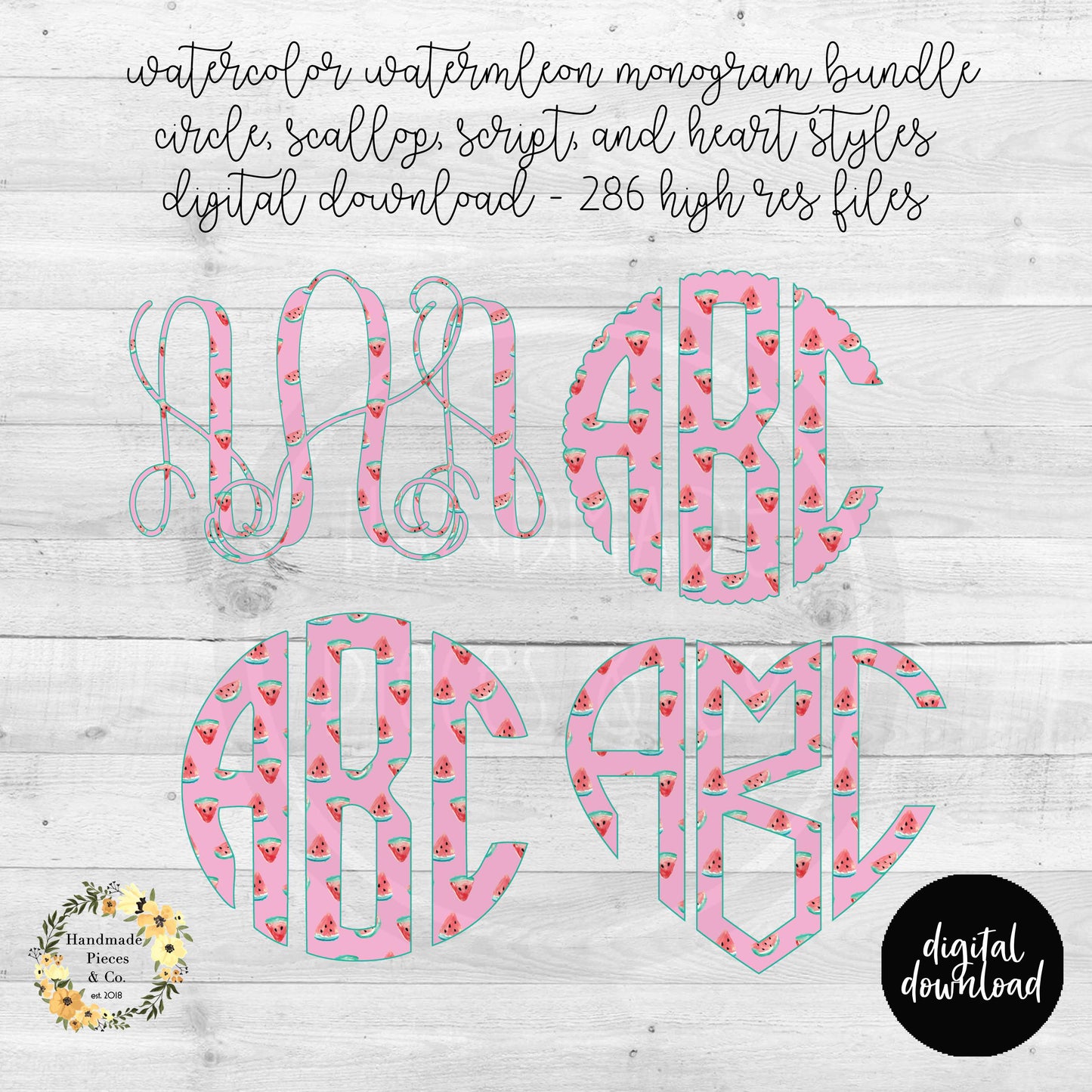 Watercolor Watermelon Monogram - Multiple Styles - Digital Download