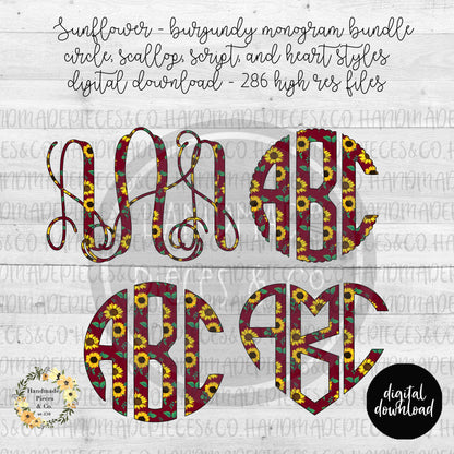 Sunflower, Burgundy Monogram - Multiple Styles - Digital Download