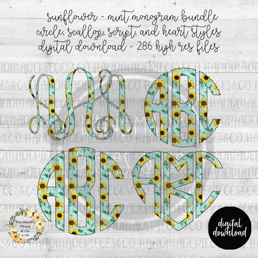 Sunflower, Mint Monogram - Multiple Styles - Digital Download