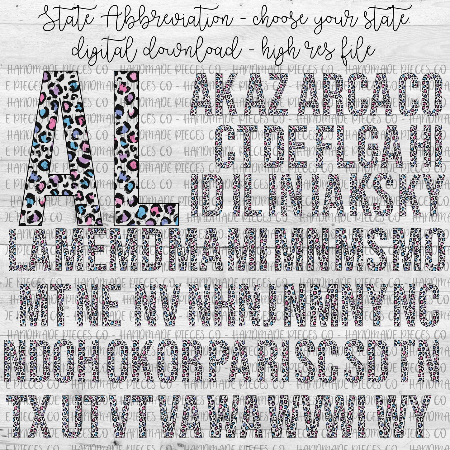 State Abbreviation, Leopard Spring Pastel  -  Multiple States - Digital Download