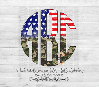 Stars and Stripes Monogram, Camo Split - Multiple Styles - Digital Download