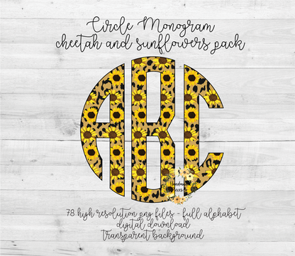 Cheetah and Sunflowers Monogram - Multiple Styles - Digital Download