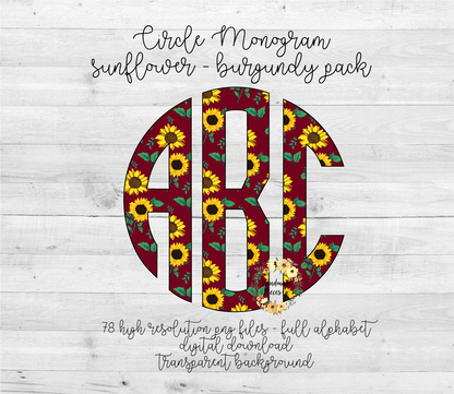 Sunflower, Burgundy Monogram - Multiple Styles - Digital Download