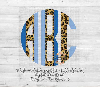 Leopard and Blue Brushstroke Monogram - Multiple Styles - Digital Download