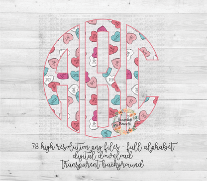 Valentine's Themed Conversation Hearts, Sketch Monogram - Multiple Styles - Digital Download