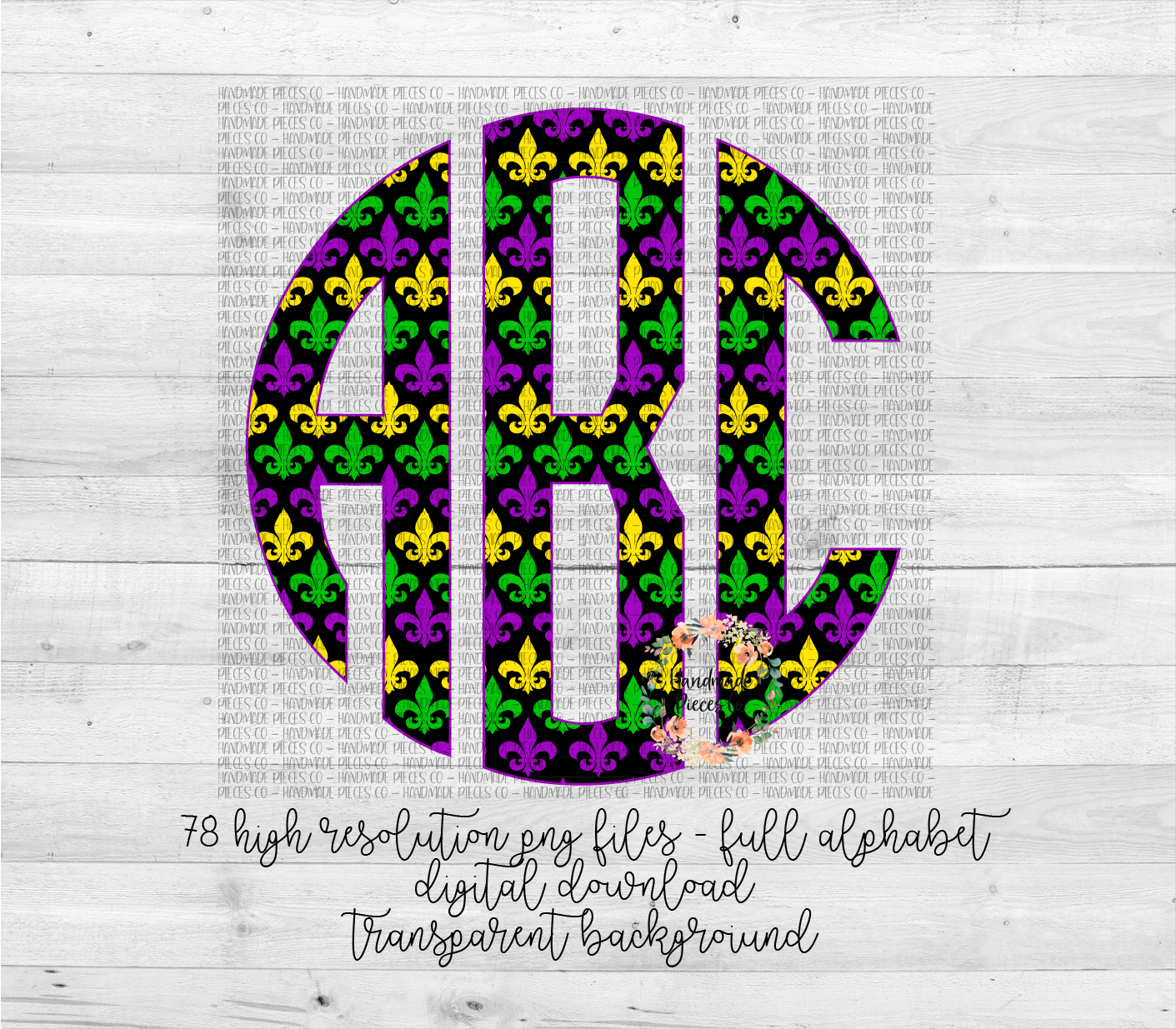 Mardi Gras Fleur De Lis Monogram, Black Background - Multiple Styles - Digital Download